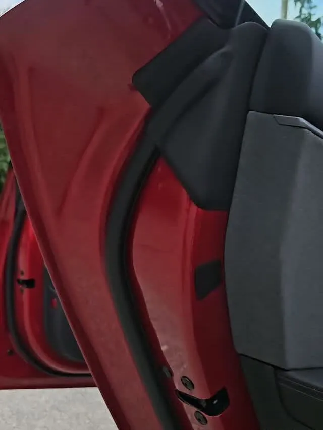 Red door panel interior detail, close up