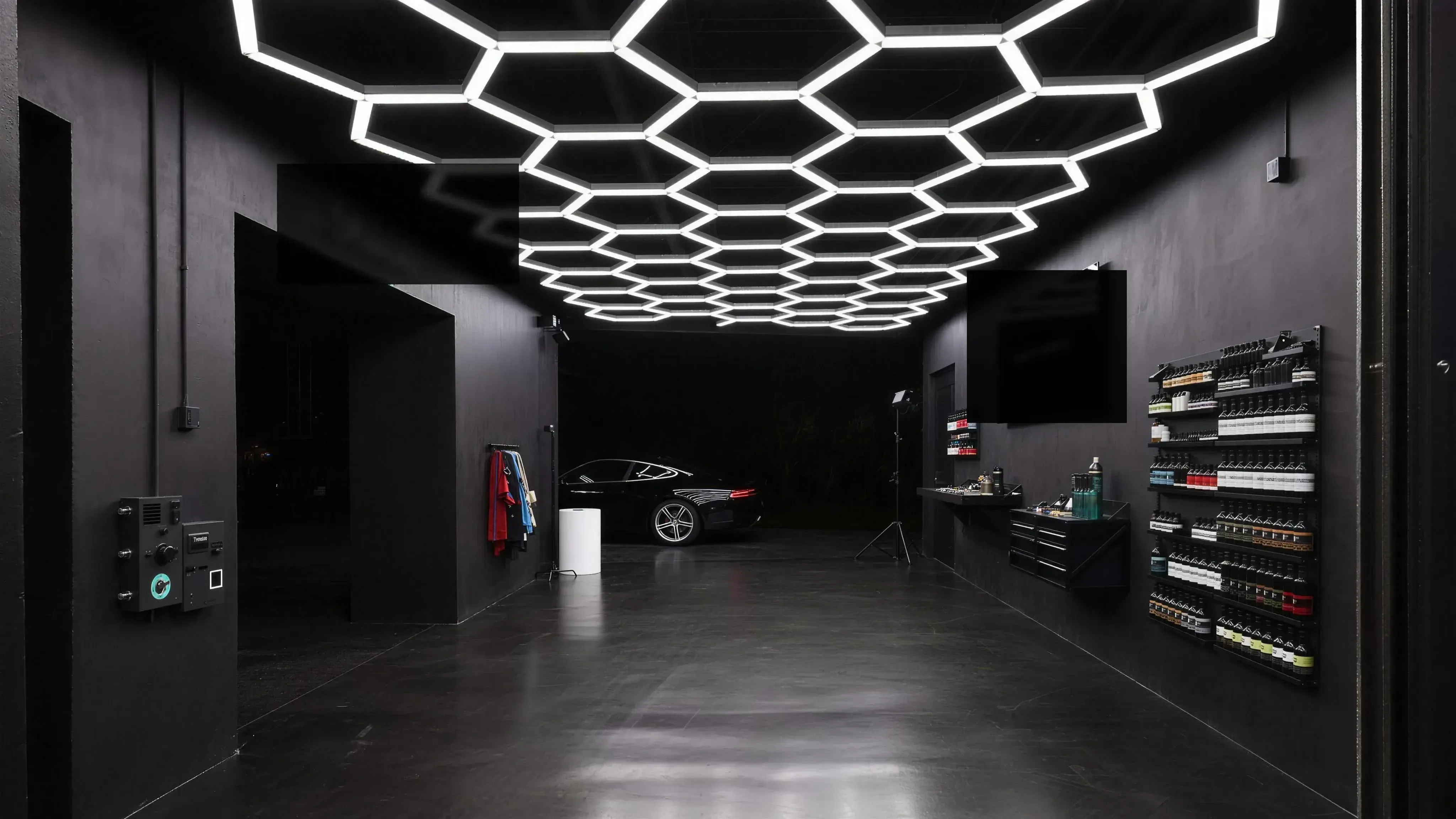 The JD detailing studio in Abbotsford under hexagonal lights