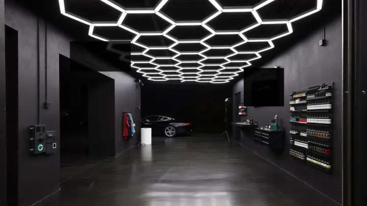 The JD detailing studio under hexagonal lights